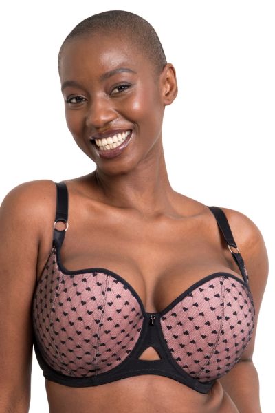 Curvy Kate Boost Heartbreaker UW Padded Balcony -rintaliivit Black/Pink Kaarituettu, topattu push up -balconette sydänkuosilla. 65-105, E-M CK-092-106-BPK