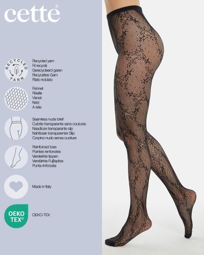 Cette Polaris Floral Fishnet -sukkahousut Black Pitsikuviosukkahousut pehmeällä vyötärönauhalla. S/M - 2XL 442-902/BLK