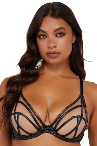 Playful Promises Ramona UW Strap & Mesh -rintaliivit Black Leatherette Kaarituettu, toppaamaton meshliivi remmiyksityiskohdilla. 65-100, D-K PP-3220-L