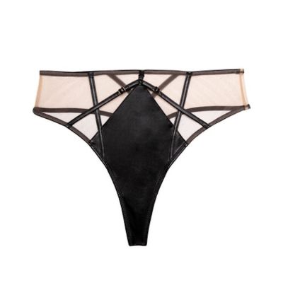 Playful Promises Ramona Strap & Mesh HW Thong -stringit Black Leatherette (ENNAKKOTILAUS 18.9.)  38 - 54 PP-HW-3220-L